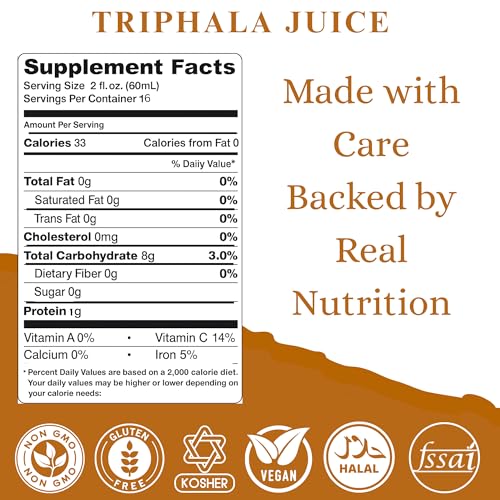 Triphala Juice bottle angled to show packaging