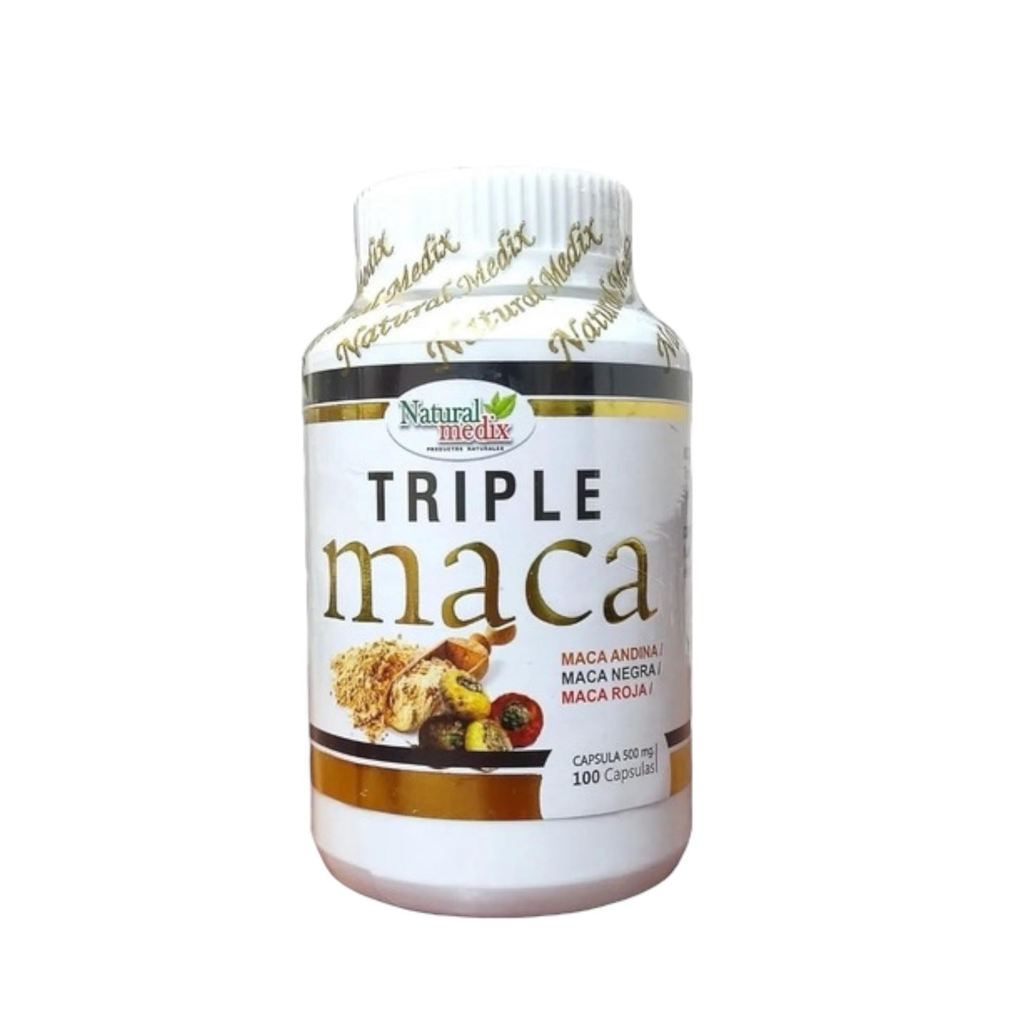 Bottle of Natural Medix Premium Triple Maca showing Black, Red, and Yellow Maca