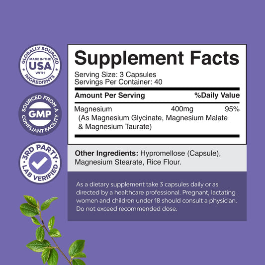 Back of bottle showing supplement facts for Triple Magnesium Complex