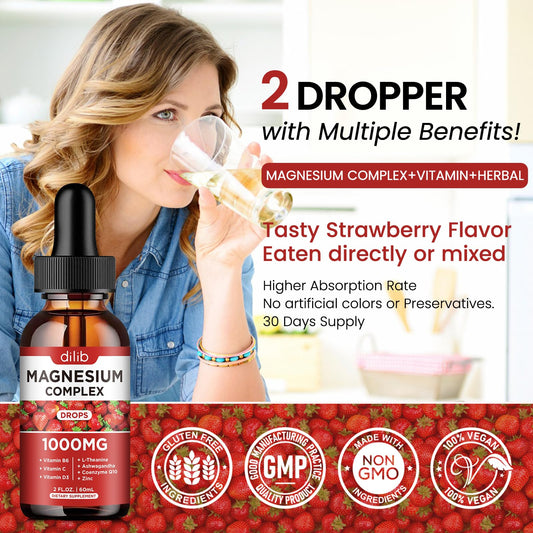 Dropper dispensing magnesium liquid drops into a glass