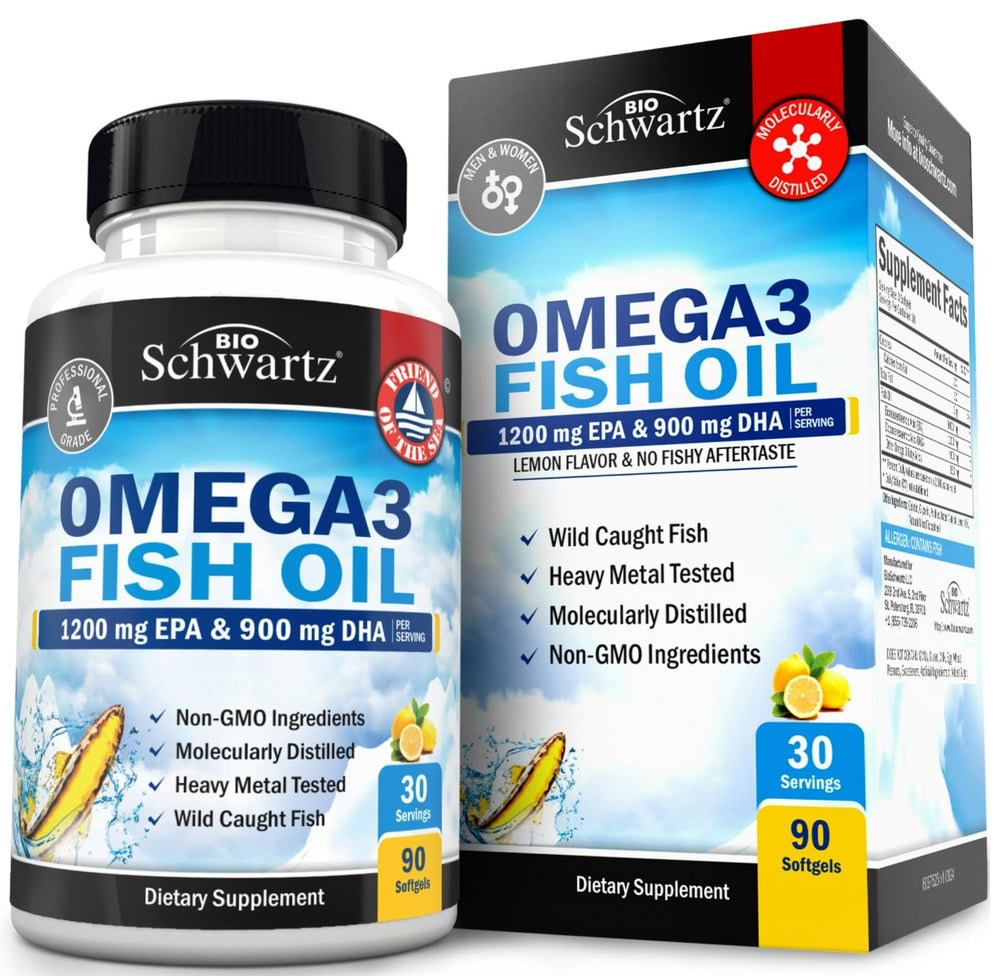 Bottle of Triple Strength Omega-3 Fish Oil with burpless lemon flavor and 90 softgels