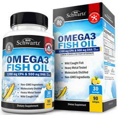 Bottle of Triple Strength Omega-3 Fish Oil with burpless lemon flavor and 90 softgels