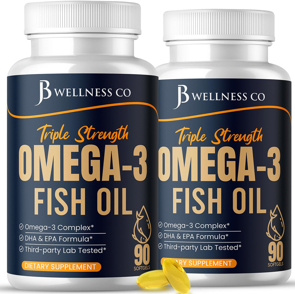 Bottle of JB Wellness Triple Strength Omega-3 Fish Oil with 180 burpless softgels