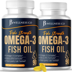 Bottle of JB Wellness Triple Strength Omega-3 Fish Oil with 180 burpless softgels