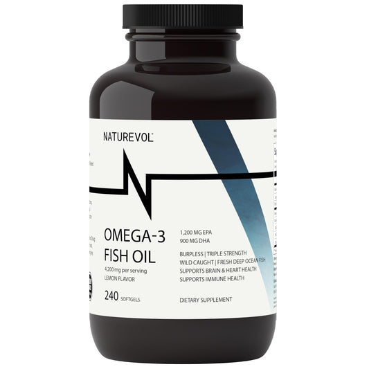 Bottle of Naturevol Triple Strength Omega-3 Fish Oil Burpless 240 Softgels