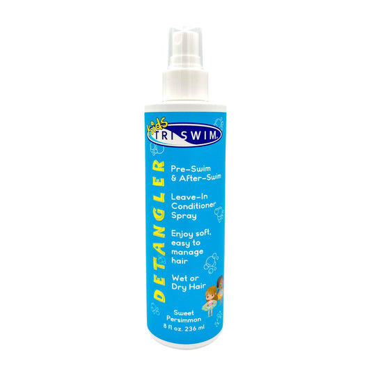 TRISWIM Kids Detangler bottle demonstrates pre-swim protection against chlorine.
