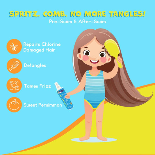 TRISWIM Kids Detangler spray on damp hair for easier combing.