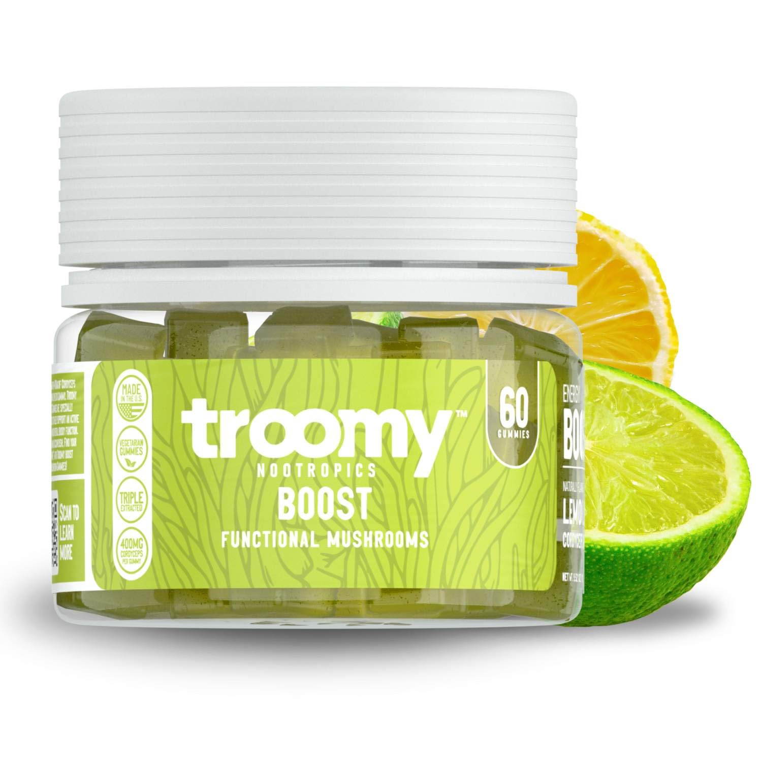 Bottle label of Troomy Boost Cordyceps Gummies Lemon Lime 60 Count