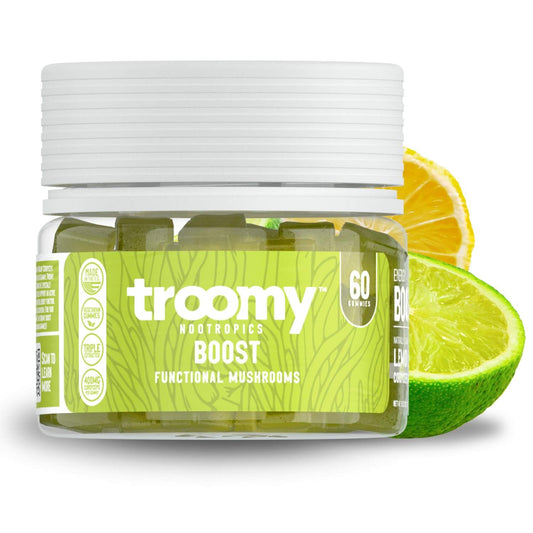 Bottle label of Troomy Boost Cordyceps Gummies Lemon Lime 60 Count