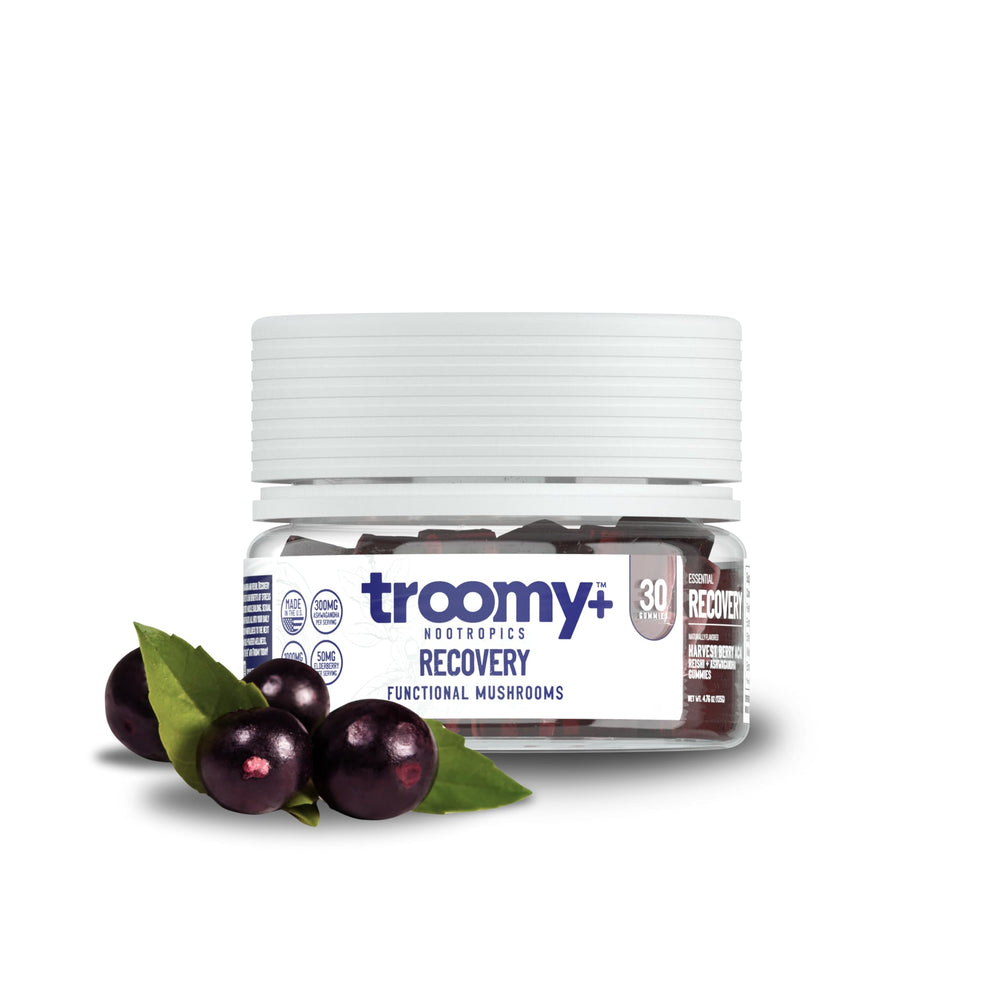 Troomy Recovery Gummies bottle with harvest berry-acai flavor
