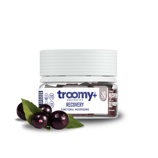 Troomy Recovery Gummies bottle with harvest berry-acai flavor