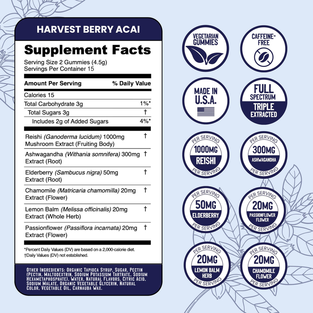 Illustration of ingredients: ashwagandha and reishi mushrooms