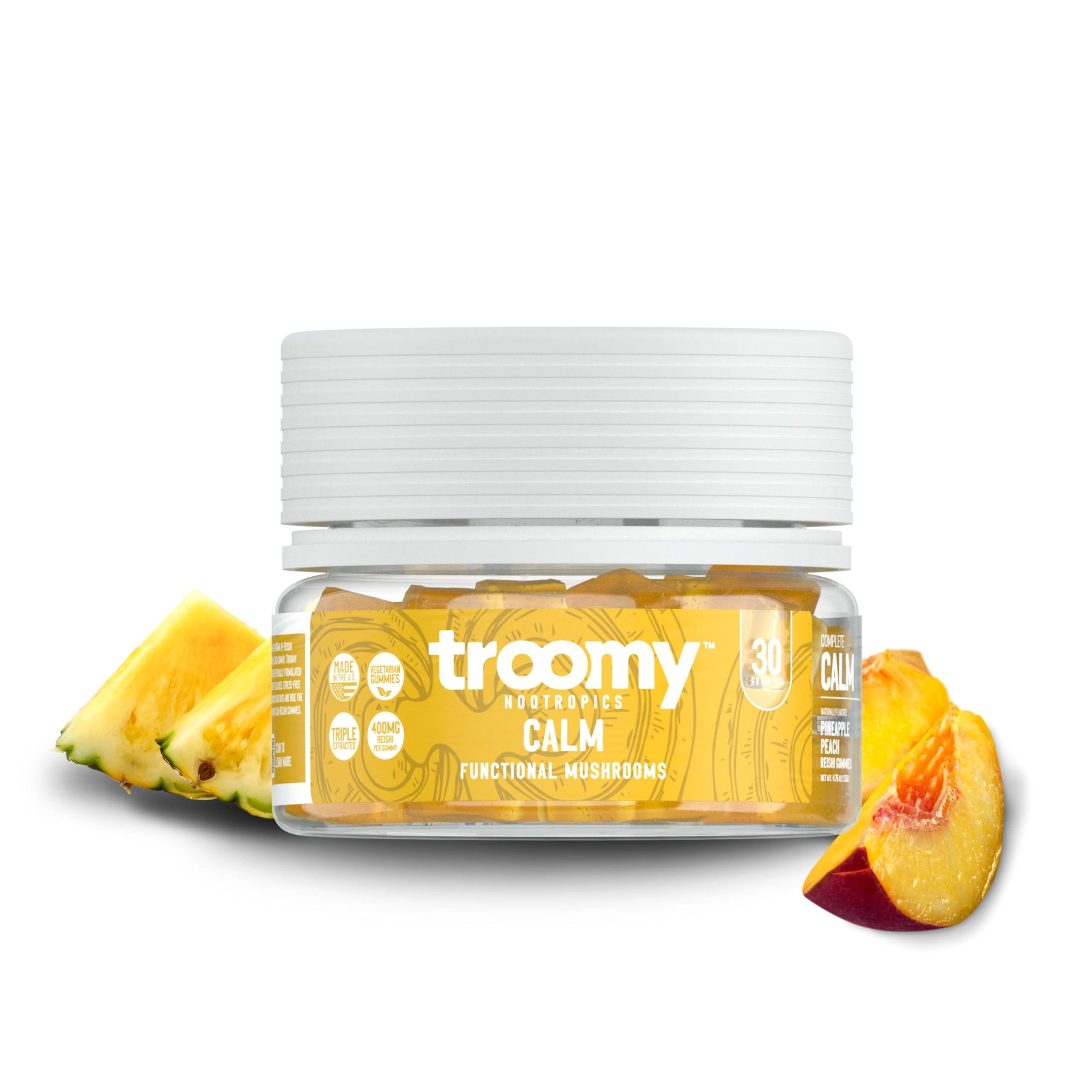 Packaging front view of Troomy Reishi Calm Gummies