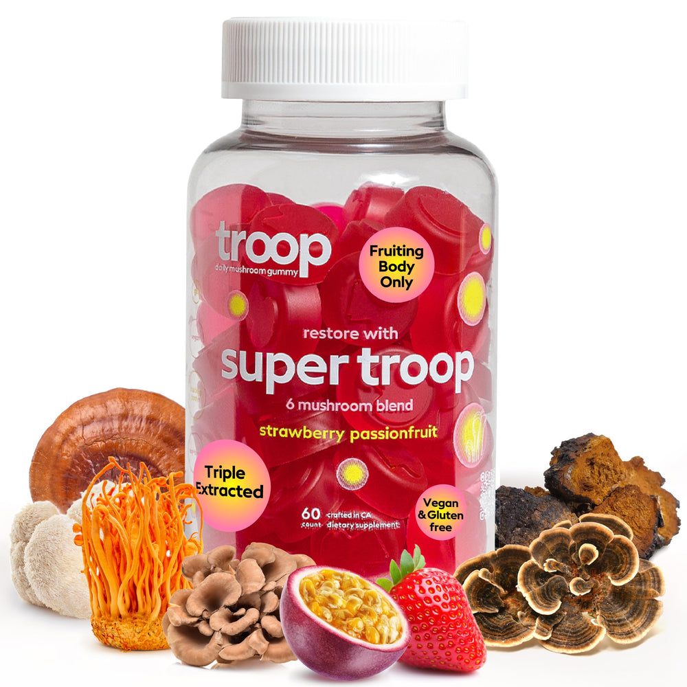 Front view of Troop Super 6 Mushroom Gummies bottle