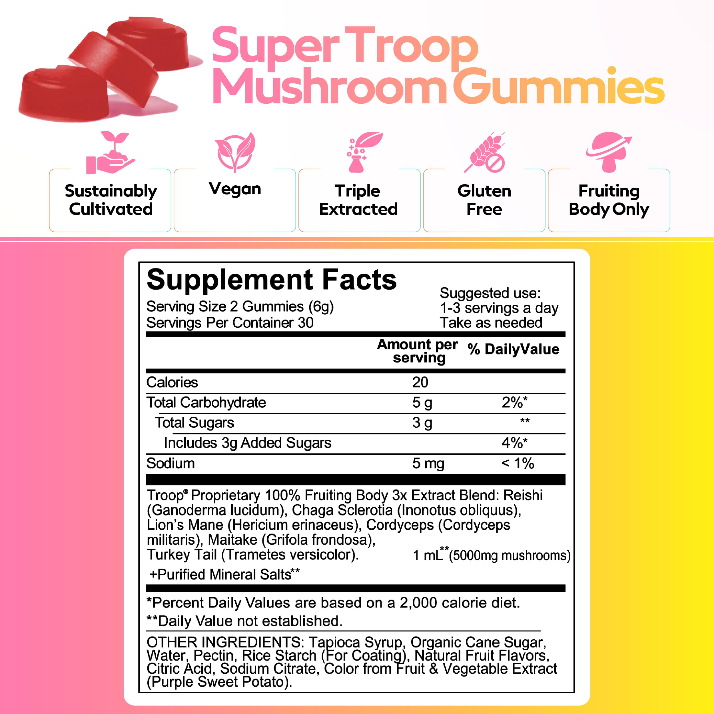 Kid-friendly chewable gummies packaging for Troop Super 6