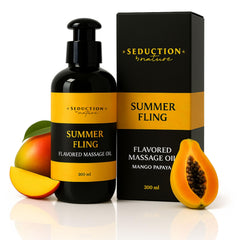 Bottle of Tropical Flavored Massage Oil with mango and papaya in the foreground