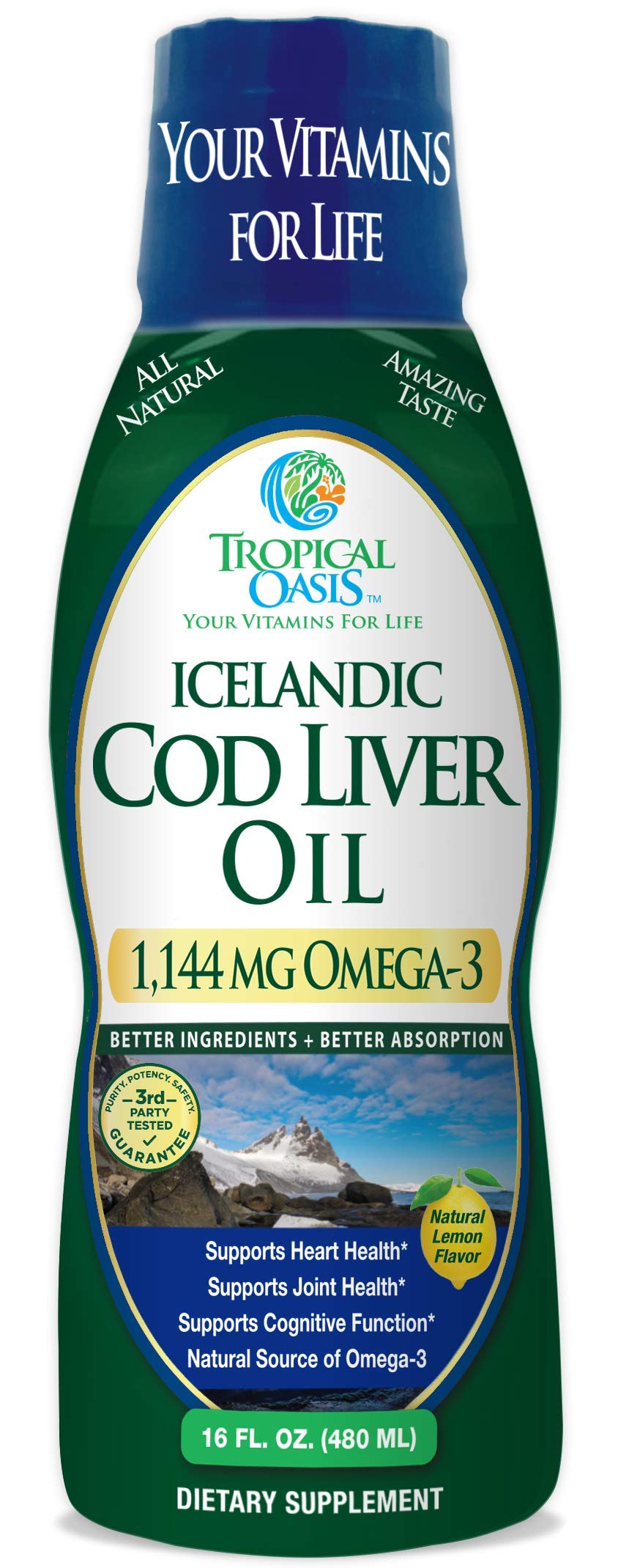 Tropical Oasis Icelandic Cod Liver Oil bottle with Lemon flavor