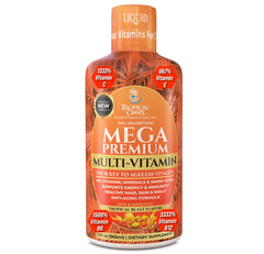 Tropical Oasis Mega Premium bottle front highlights the liquid multivitamin for daily vitality.