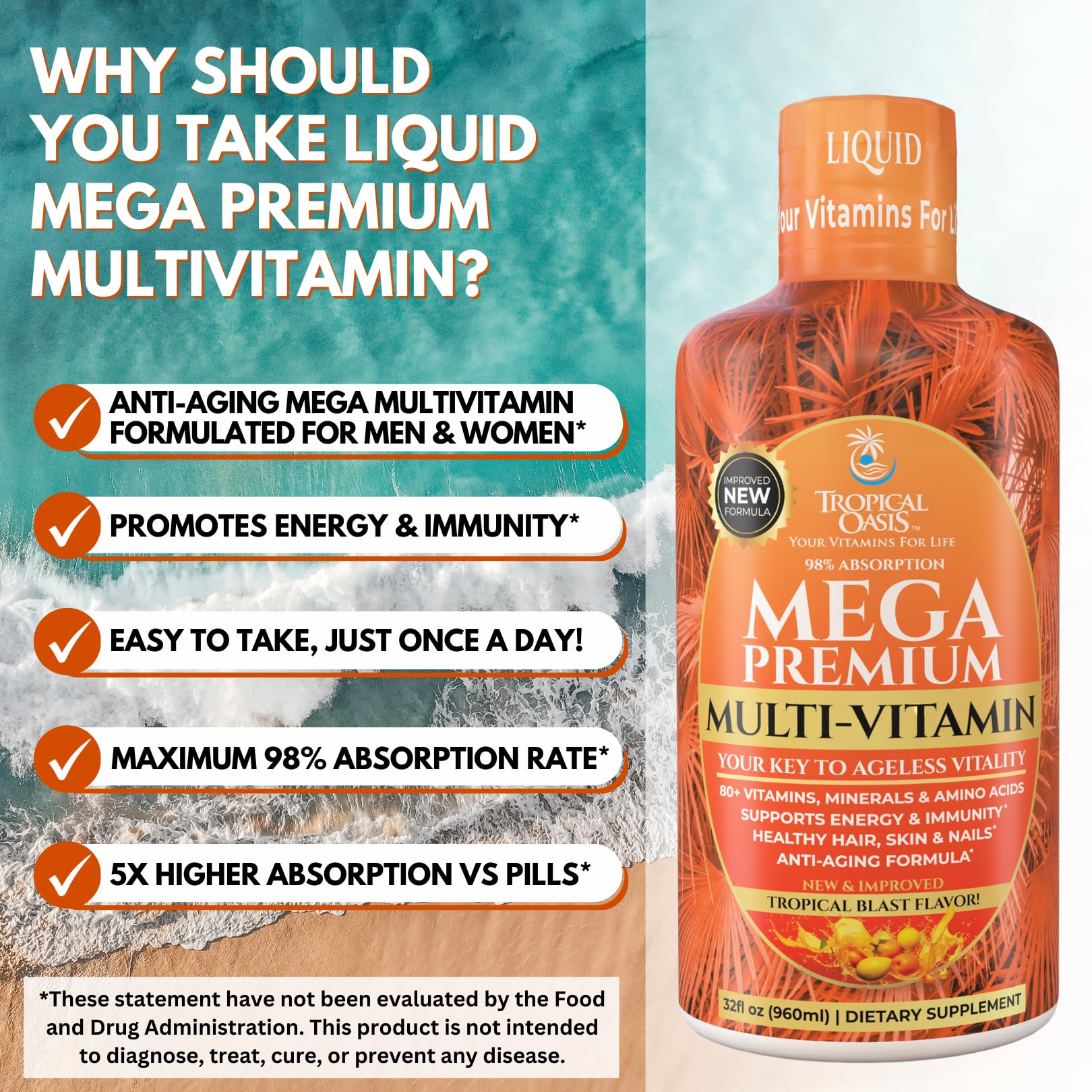 Label closeup emphasizes sugar-free and non-GMO features on Tropical Oasis Mega Premium.