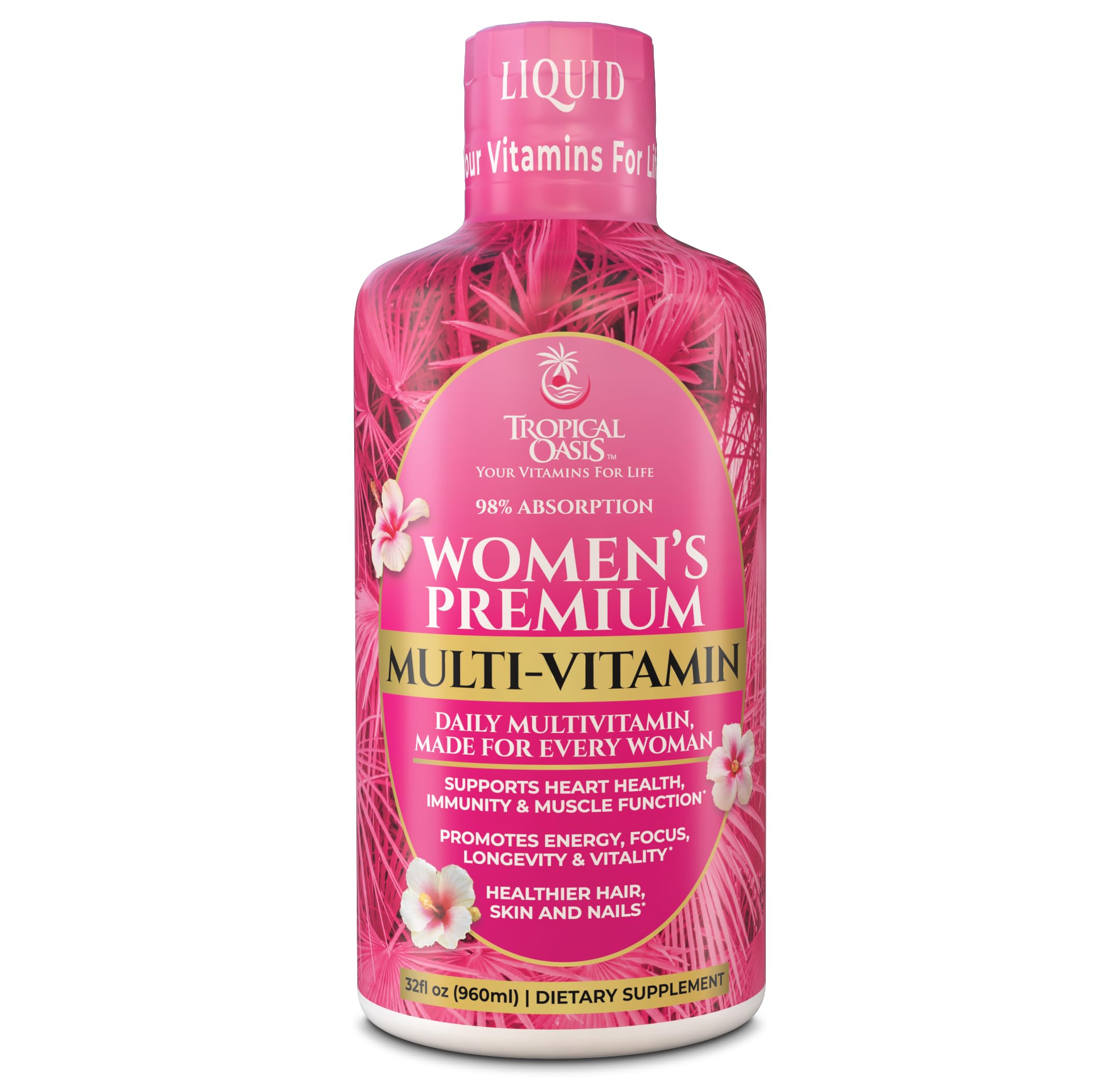 Tropical Oasis Premium Liquid Multivitamin bottle highlighting 98% absorption.