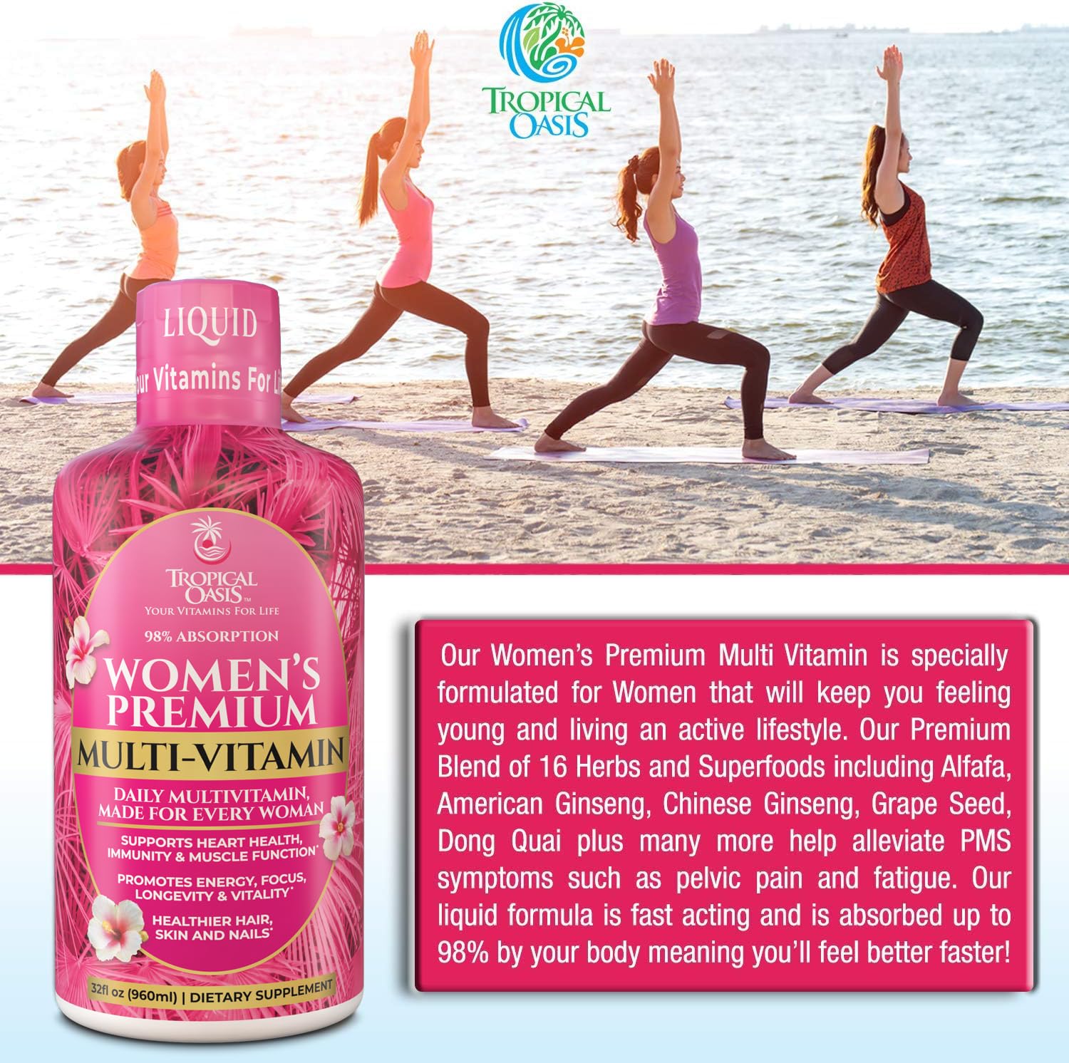 Tropical Oasis Women’s multivitamin drops poured into glass for dosage.