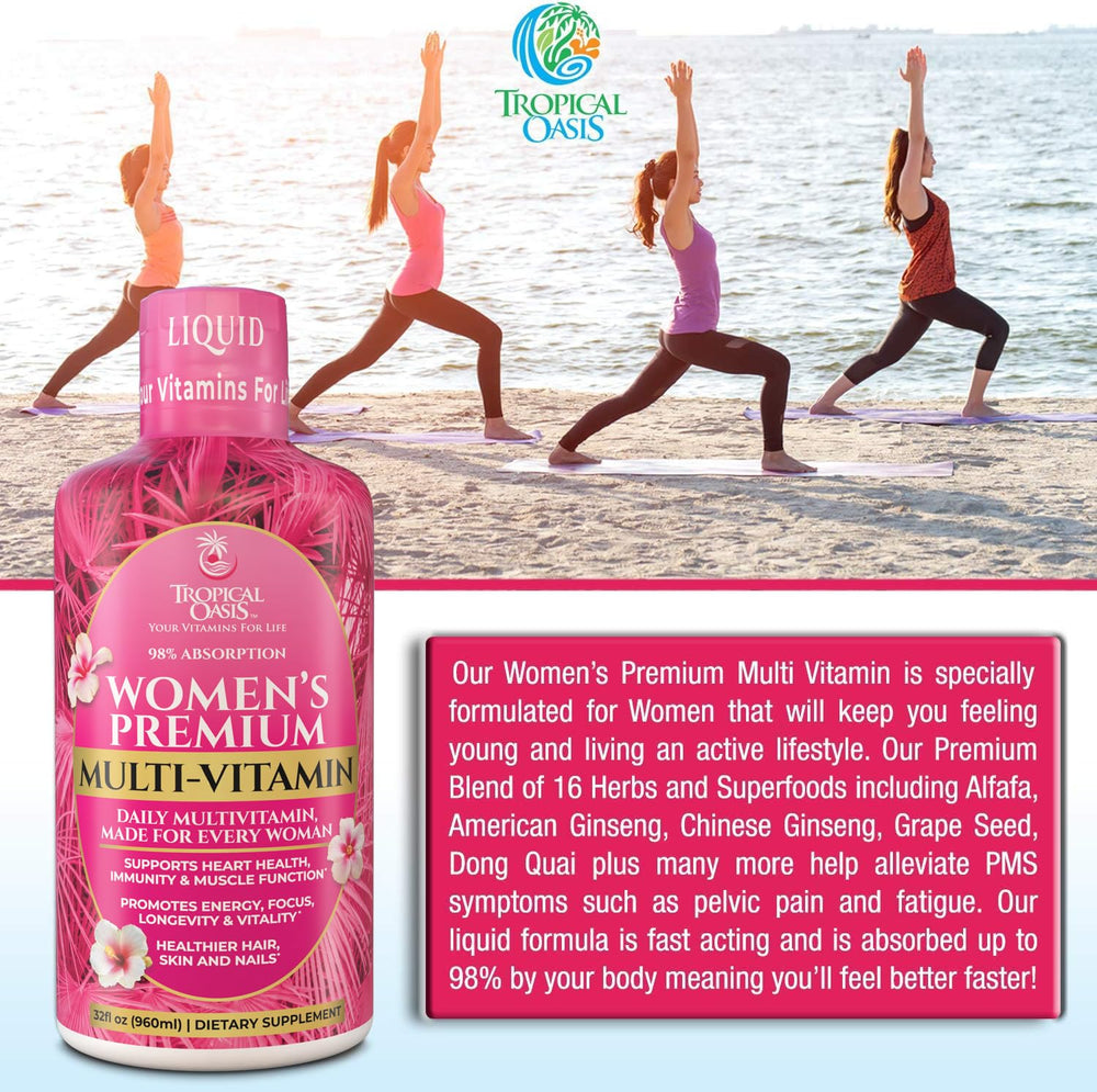 Tropical Oasis Women’s multivitamin drops poured into glass for dosage.