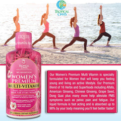 Tropical Oasis Women’s multivitamin drops poured into glass for dosage.