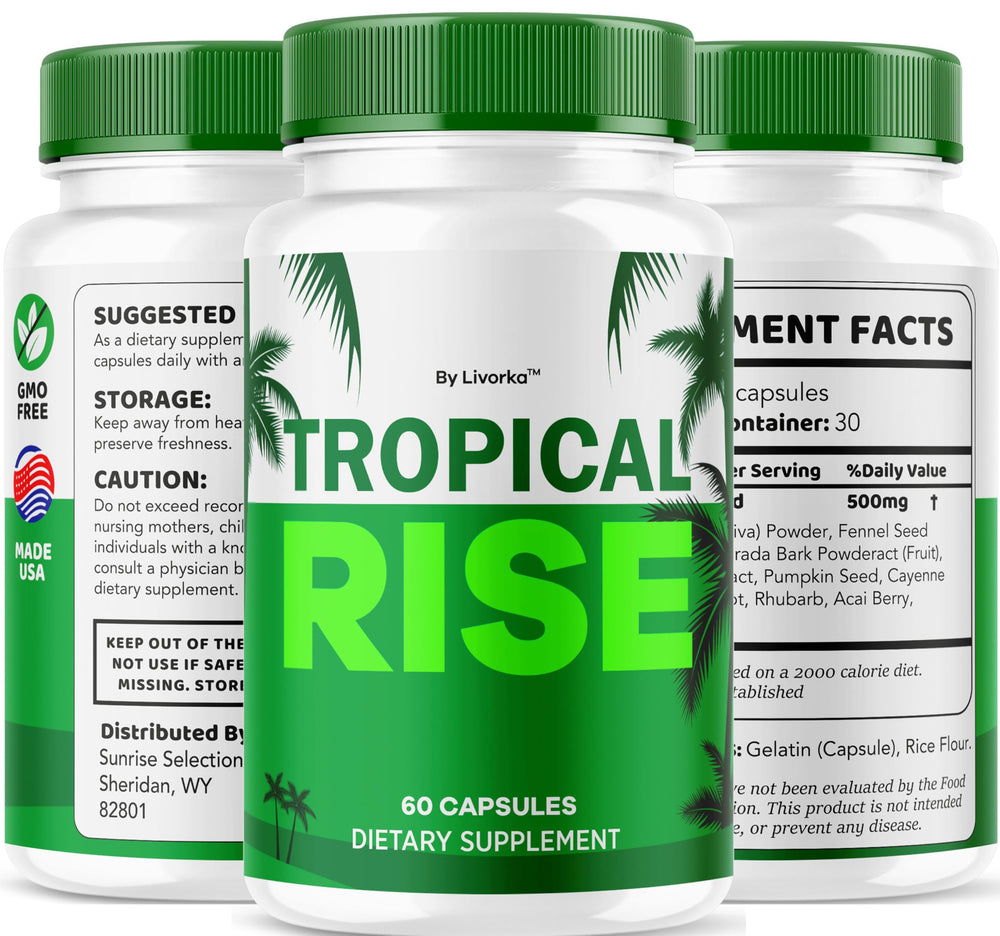 Full Tropical Rise packaging display with bottle and box