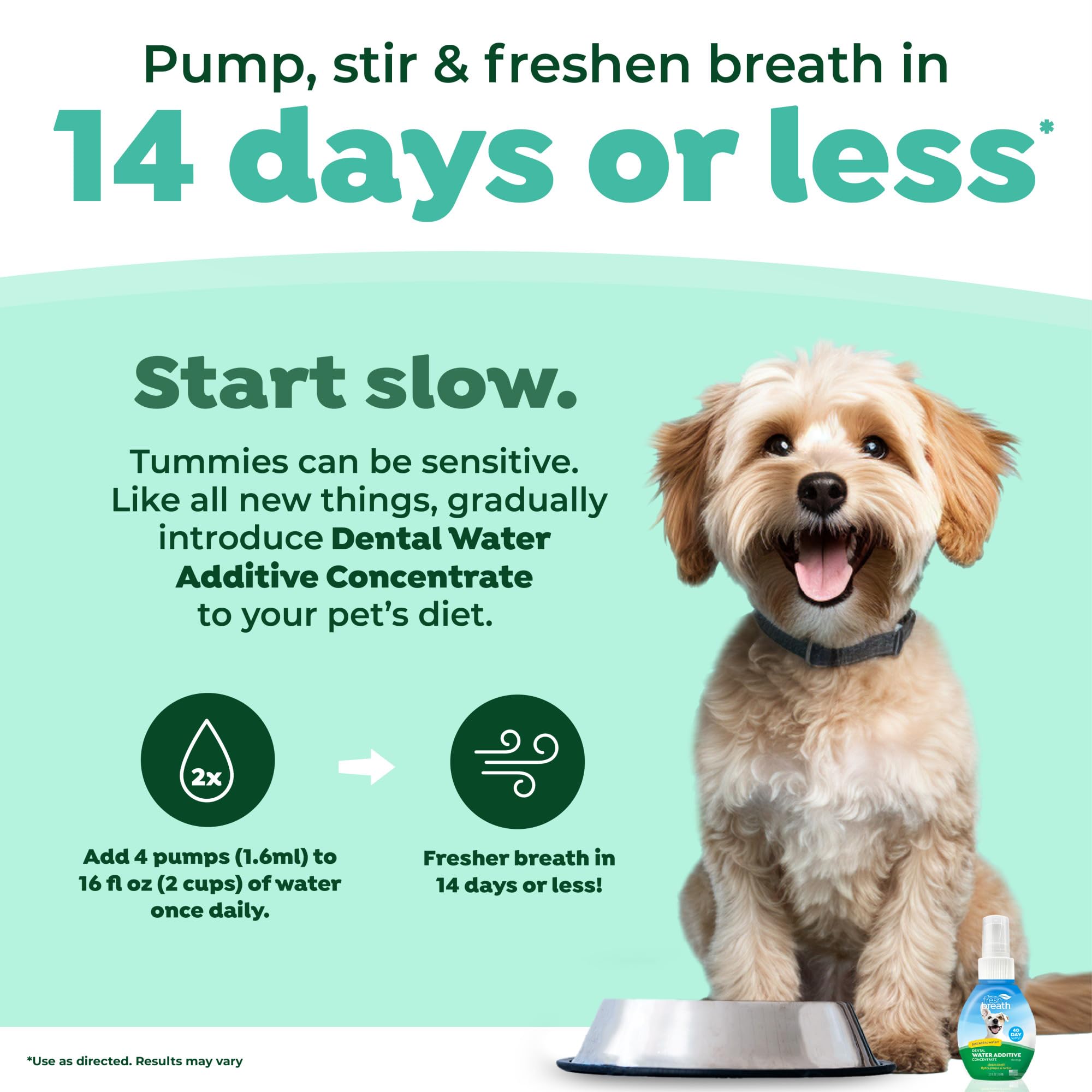 Close-up of TropiClean Fresh Breath Water Additive for dog mouth care