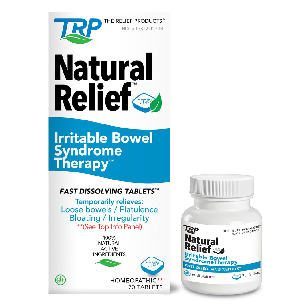 TRP The Relief Products IBS Therapy packaging promoting multi-symptom relief.