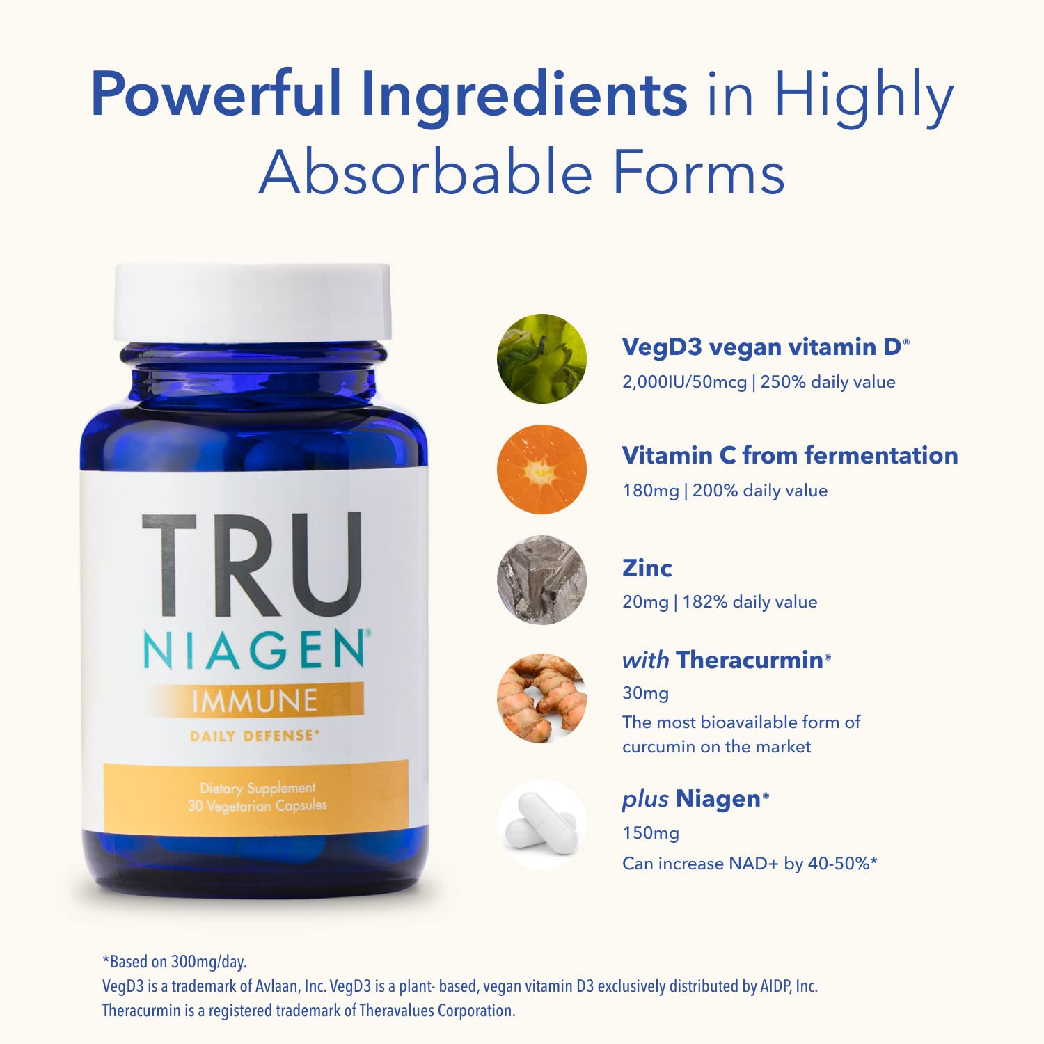 TRU NIAGEN Immune bottle label close-up highlighting vitamin D3 and zinc