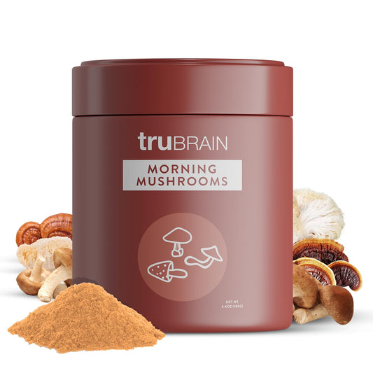 TruBrain Morning Mushrooms product bottle and serving cup on a clean surface