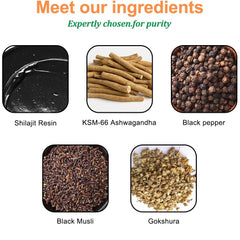 Graphic showing the 10-in-1 formula with Shilajit, Ashwagandha, Gokshura and Fulvic Acid
