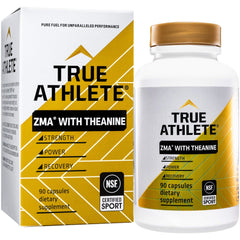 Front view of True Athlete ZMA with Theanine bottle