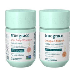 Two True Grace bottles: One Daily Women’s Multivitamin and Omega-3 Fish Oil