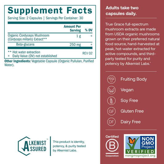 Energy and endurance label for True Grace Cordyceps supplement