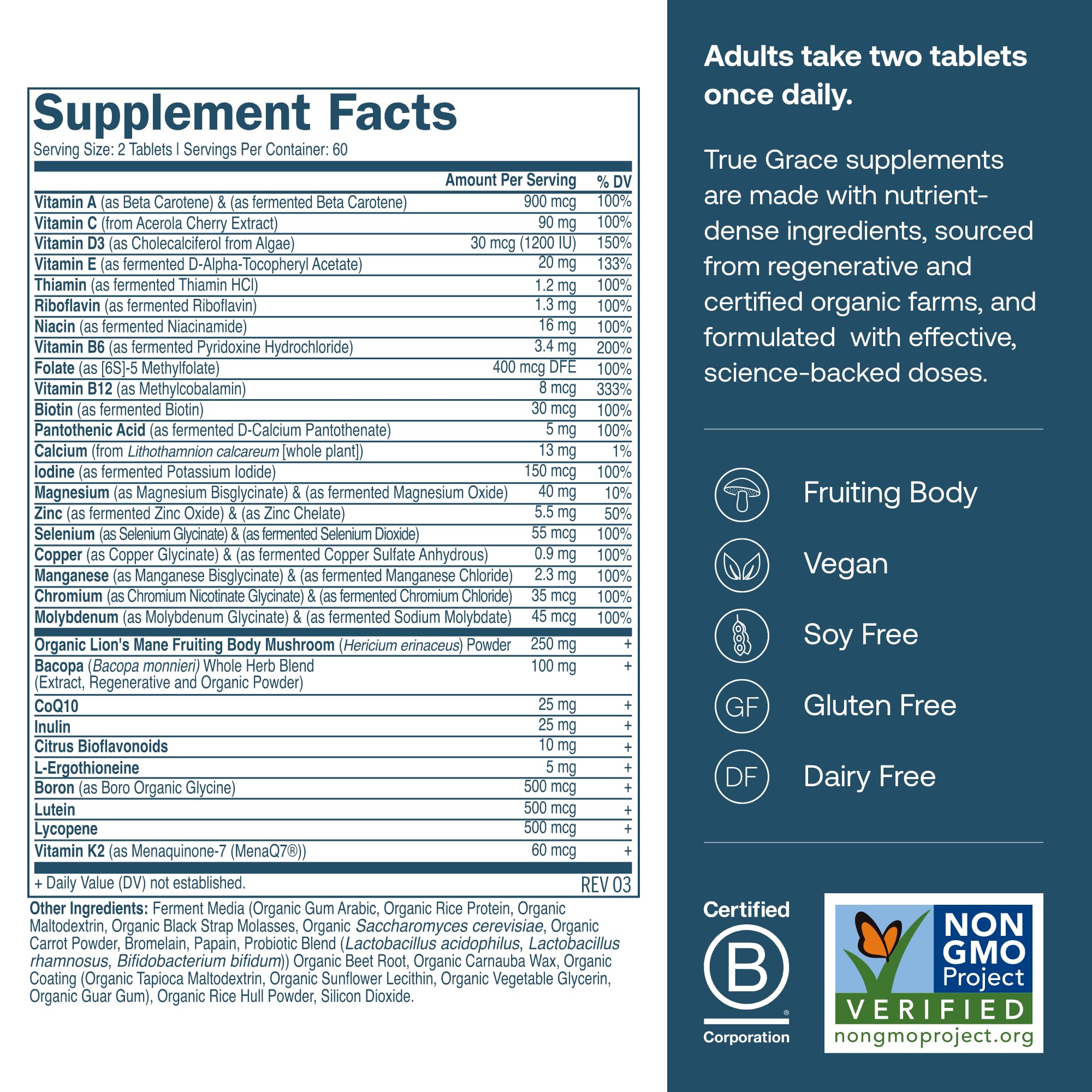 Close-up of True Grace Daily Men’s Multivitamin 50+ label