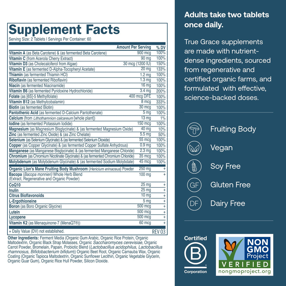Close-up of True Grace Daily Men’s Multivitamin 50+ label