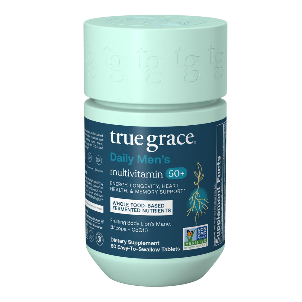 Front view of True Grace Daily Men’s Multivitamin 50+ bottle