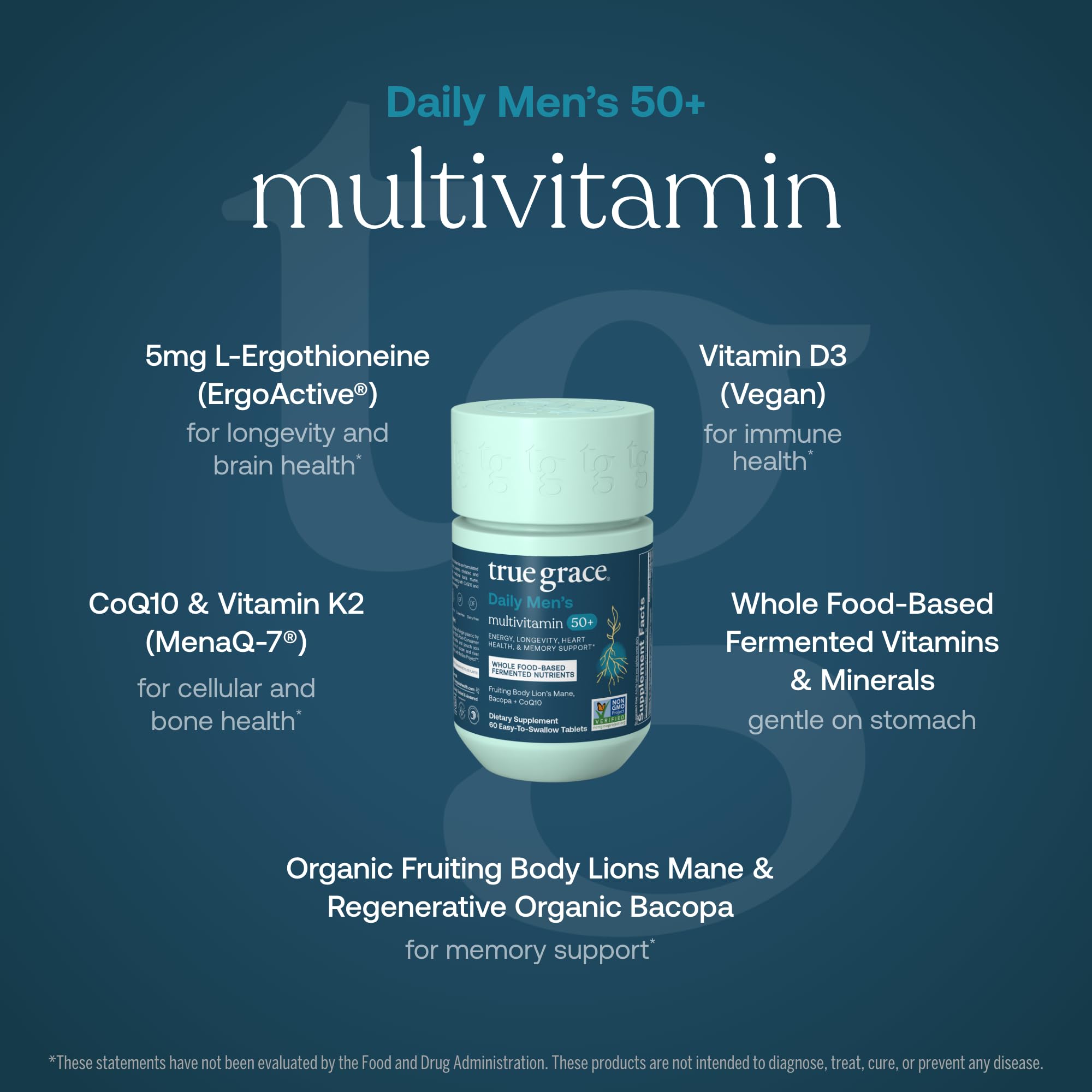 Illustration of key ingredients: L-ergothioneine, CoQ10, vegan Vitamin D3