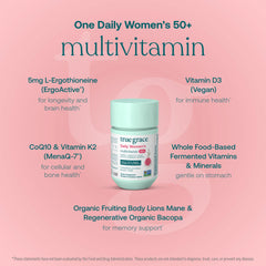 Close-up of True Grace Daily Multivitamin 50+ tablets highlighting easy-to-swallow design.