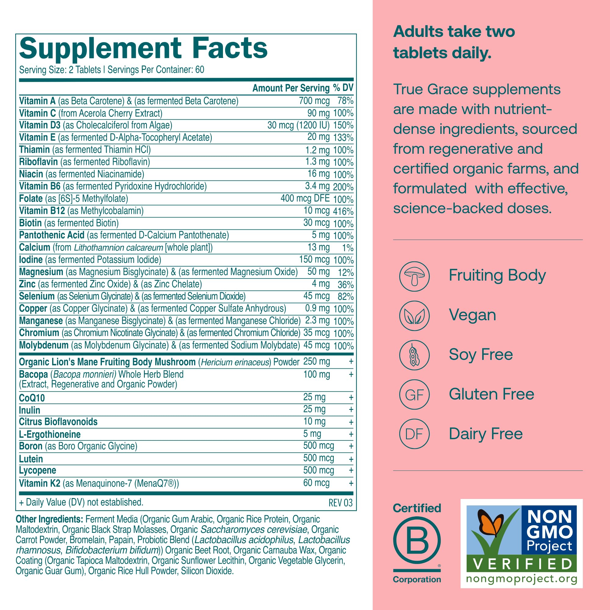 Close-up of True Grace Daily Women’s Multivitamin 50+ label