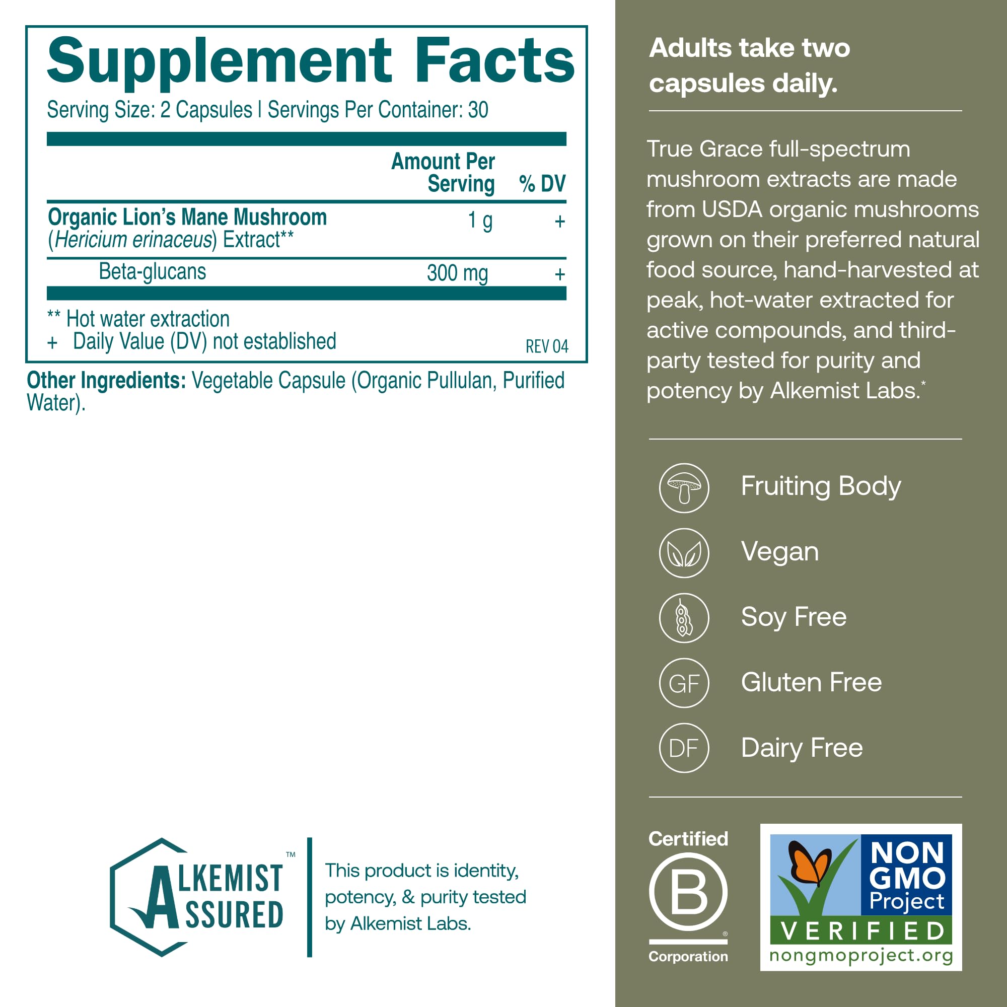 True Grace Lion's Mane 60-count organic capsules