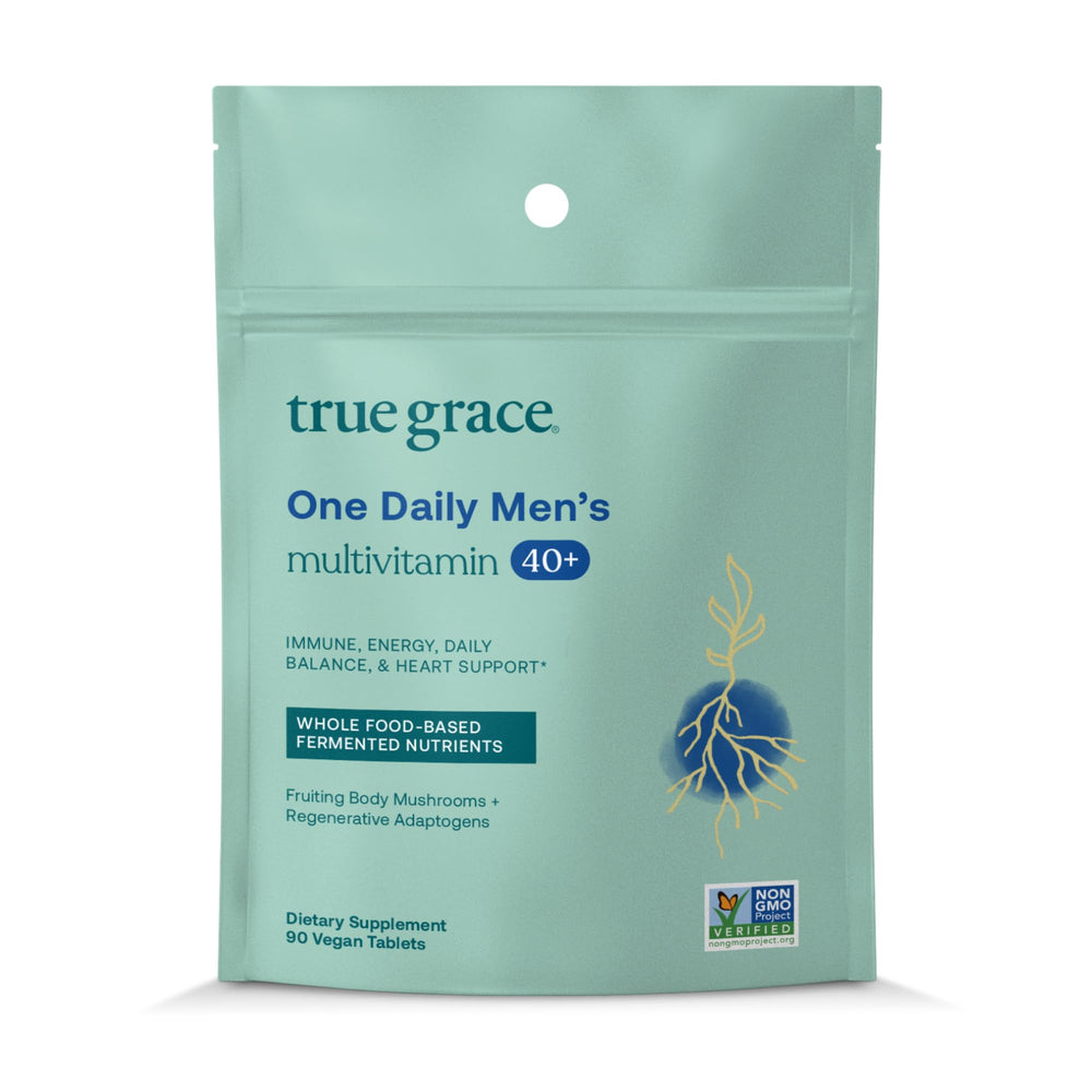 Front view of True Grace Men's 40+ Multivitamin bottle