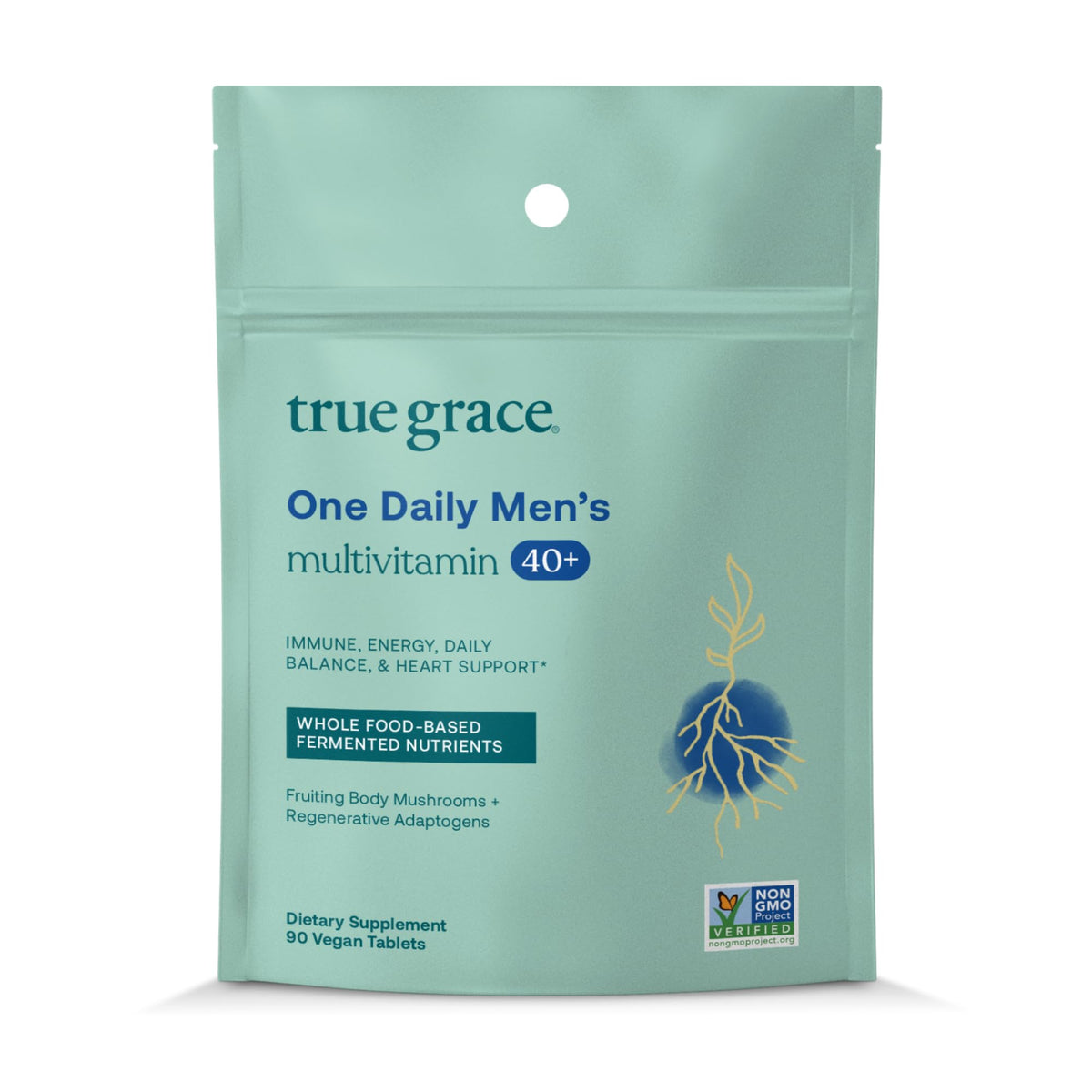 Front view of True Grace Men's 40+ Multivitamin bottle