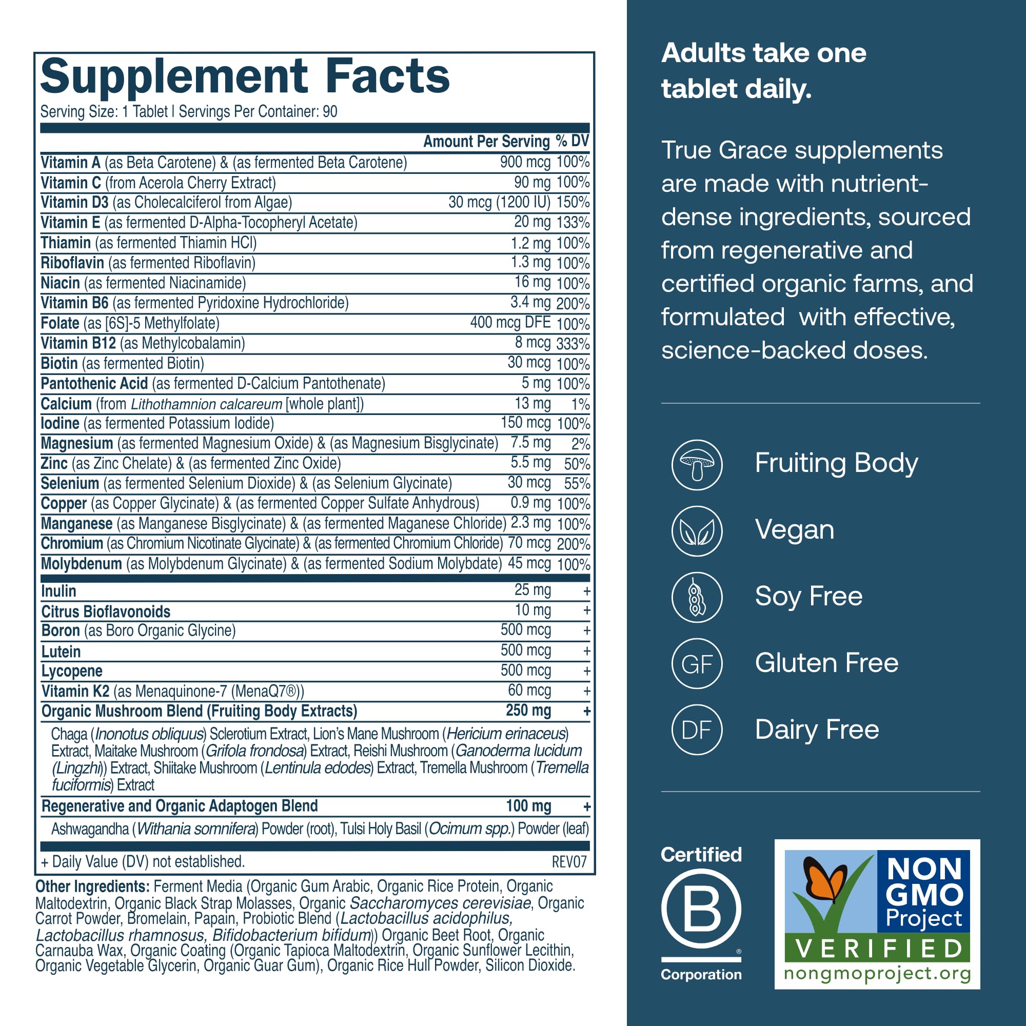 Close-up of the True Grace multivitamin label