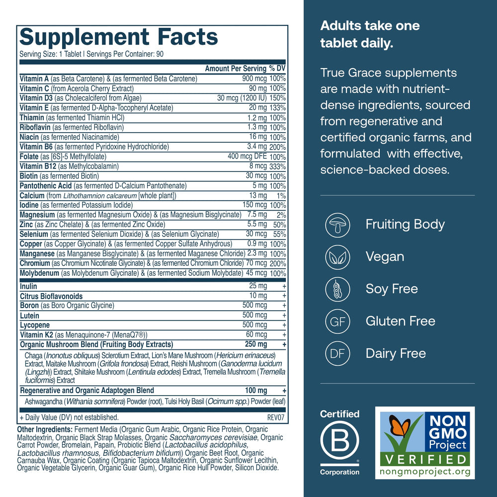 Close-up of the True Grace multivitamin label