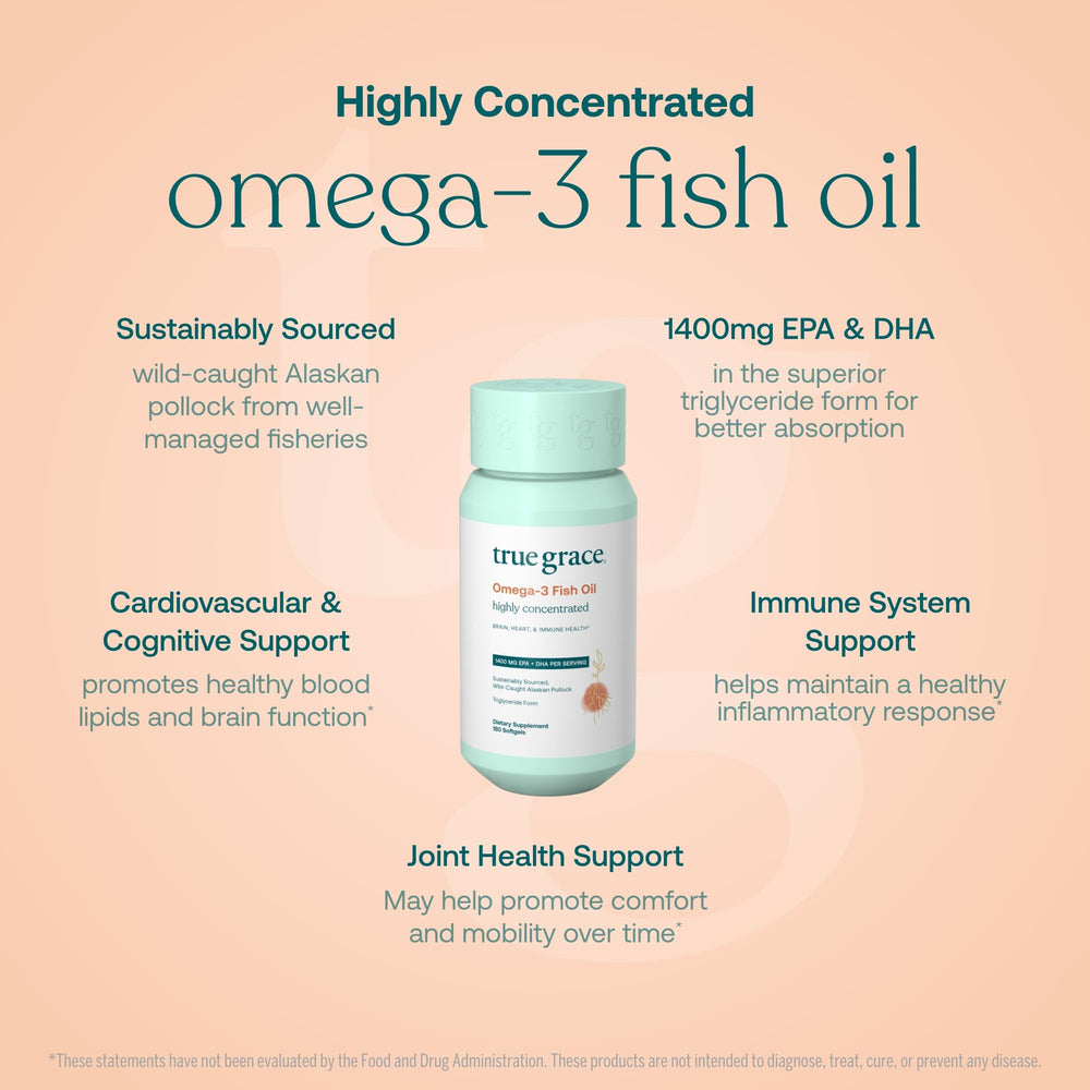 True Grace Omega-3 bottle pouring to show convenient daily dosing.