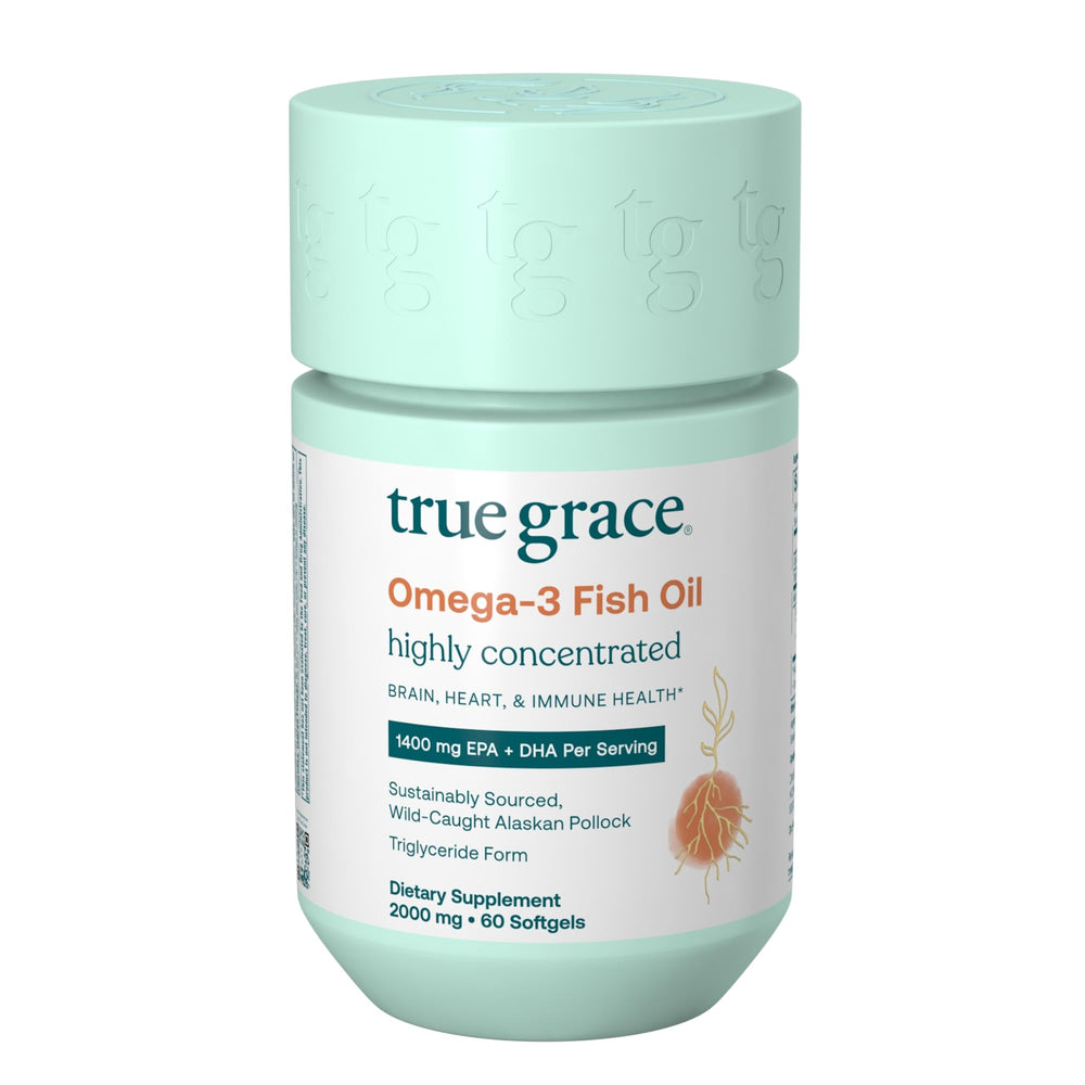 True Grace Omega-3 Fish Oil bottle with 60 softgels
