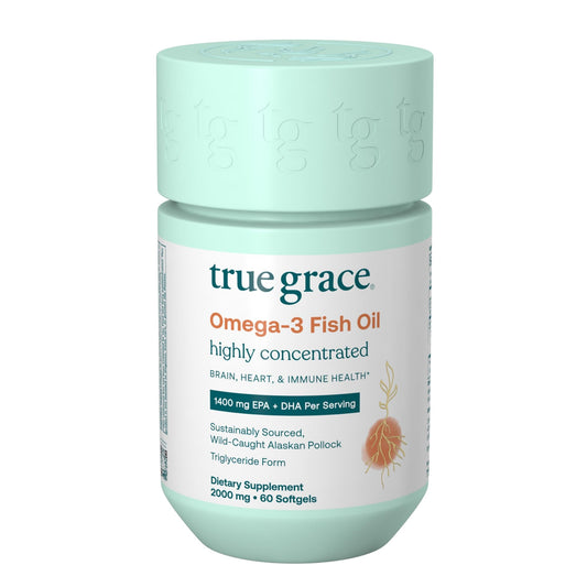 True Grace Omega-3 Fish Oil bottle with 60 softgels